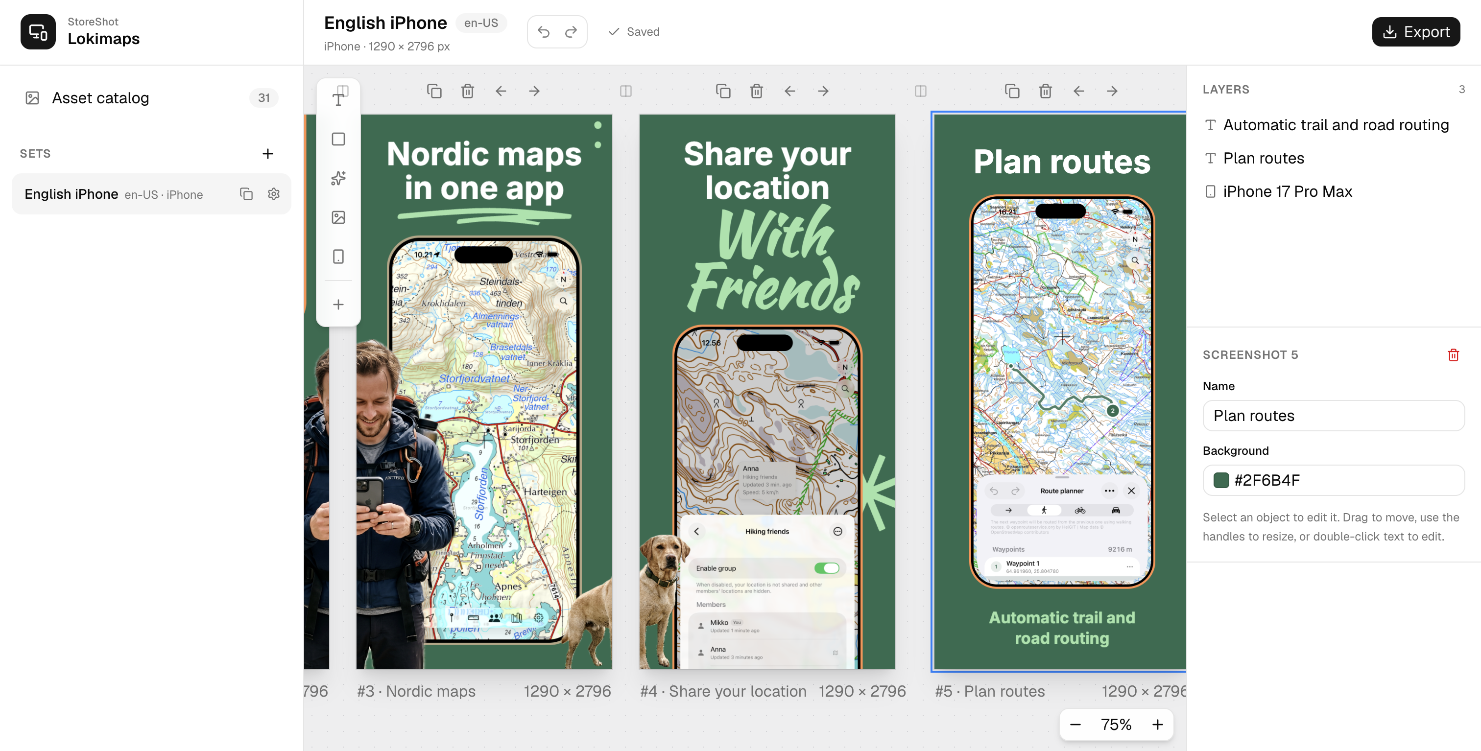 StoreShot visual editor showing an App Store screenshot set for Lokimaps